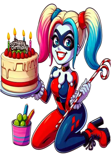Arlequina com Bolo de Aniversário PNG