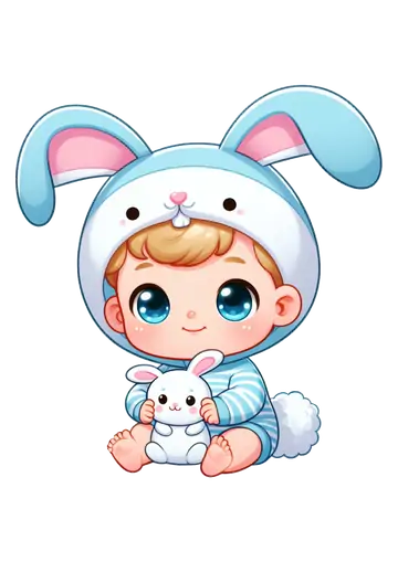 Bebê com Fantasia de Coelhinho Azul Abraçando Coelhinho PNG