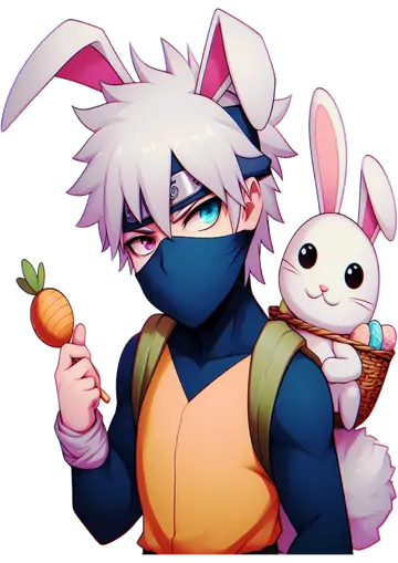 Kakashi com Orelhas de Coelho e Cesta de Páscoa PNG