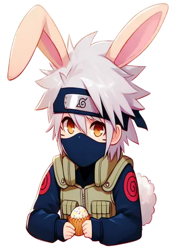 Kakashi Chibi com Orelhas de Coelho e Cupcake PNG