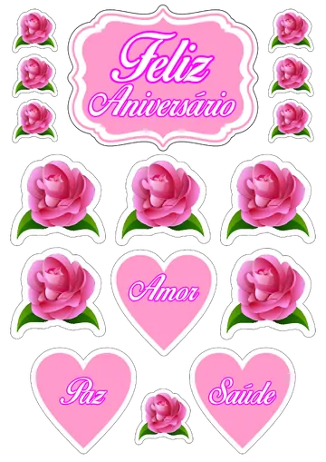 Topo de Bolo Feliz Aniversário com Rosas PNG