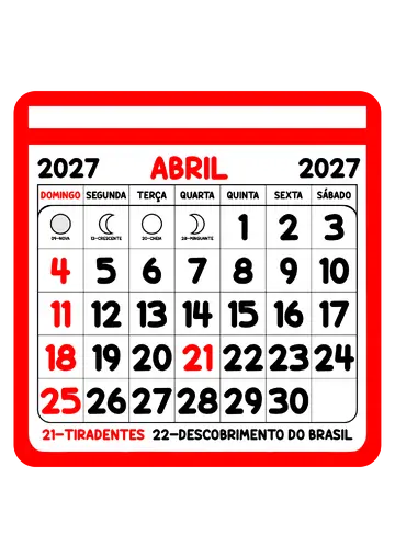 Calendário Abril 2027 com Feriados PNG