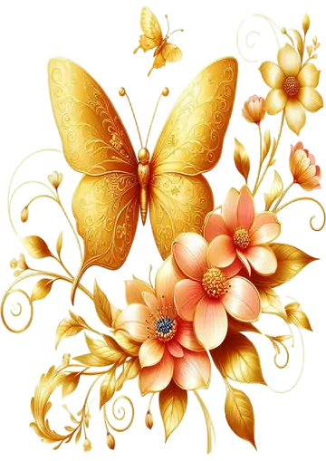 Borboleta Dourada com Flores Elegantes PNG