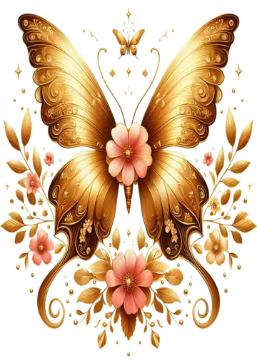 Ilustração de Borboleta Dourada e Flores PNG