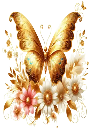 Borboleta Dourada com Flores Brancas PNG