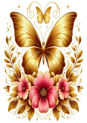 Borboleta Dourada com Flores Rosas PNG
