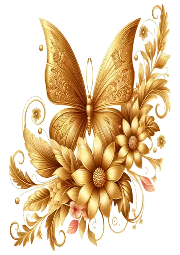 Borboleta e Flores Douradas Luxo PNG
