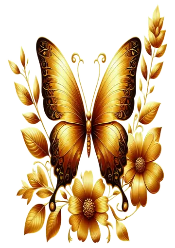 Borboleta Dourada com Flores Amarelas PNG