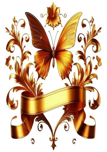 Borboleta Dourada com Flores e Faixa PNG
