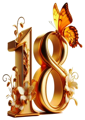Número 18 Dourado com Borboleta PNG