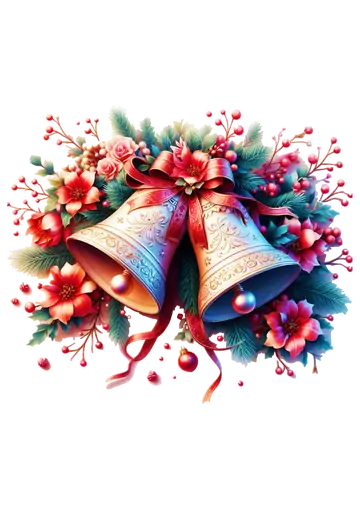 Sinos de Natal com Folhagem e Flores Vermelhas PNG