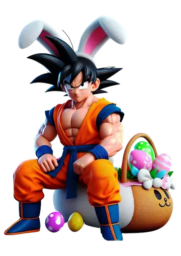 Goku 3D Sentado com Cesta de Páscoa PNG