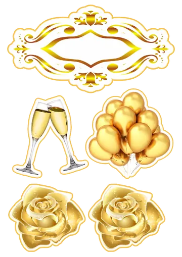 Topo de Bolo Dourado Champagne e Balões PNG