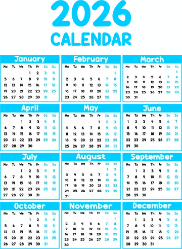 Calendário Azul de 2026 PNG