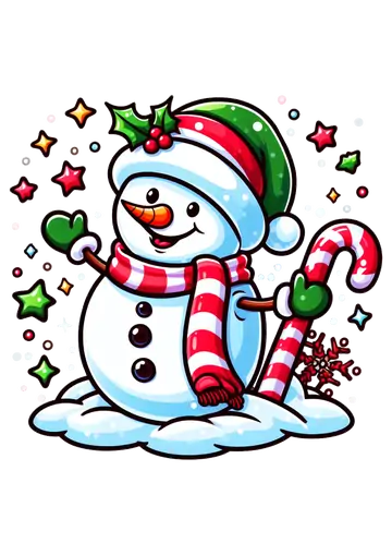 Boneco de Neve com Estrelas e Bengala Doce PNG