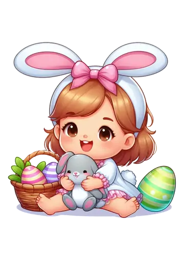 Menina com Coelhinho de Pelúcia e Ovos PNG