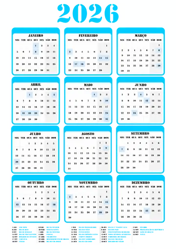 Calendário 2026 Azul Completo PNG