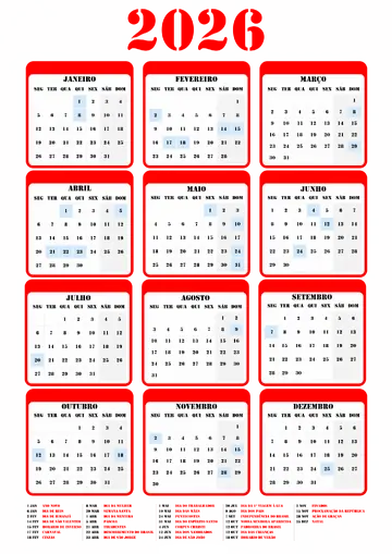 Calendário 2026 Vermelho Completo PNG