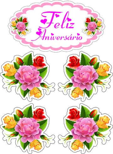 Topo de Bolo com Flores e Feliz Aniversário PNG