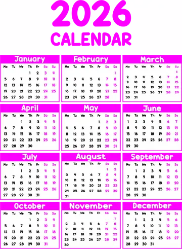 Calendario 2026 Rosa PNG