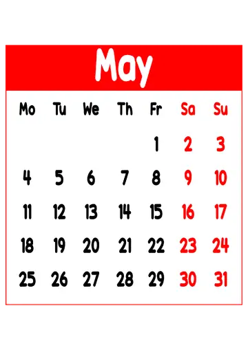 Calendario de Maio de 2026 PNG