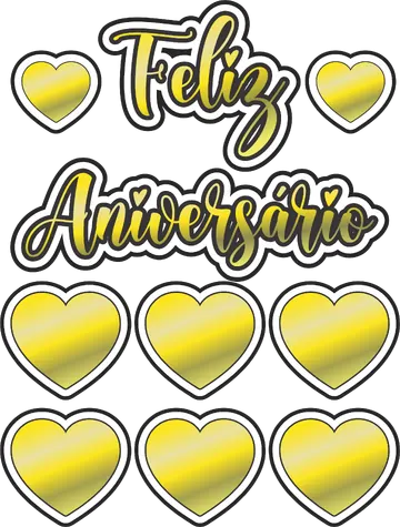 Topo de Bolo Feliz Aniversário Corações Dourados PNG