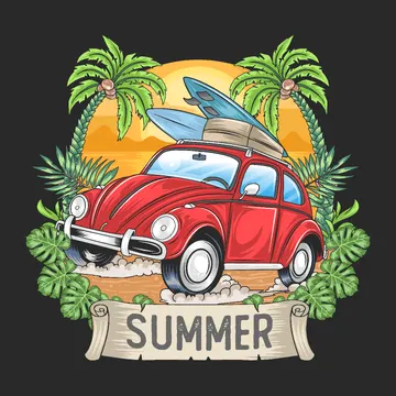 Fusca na Praia com Prancha de Surf PNG